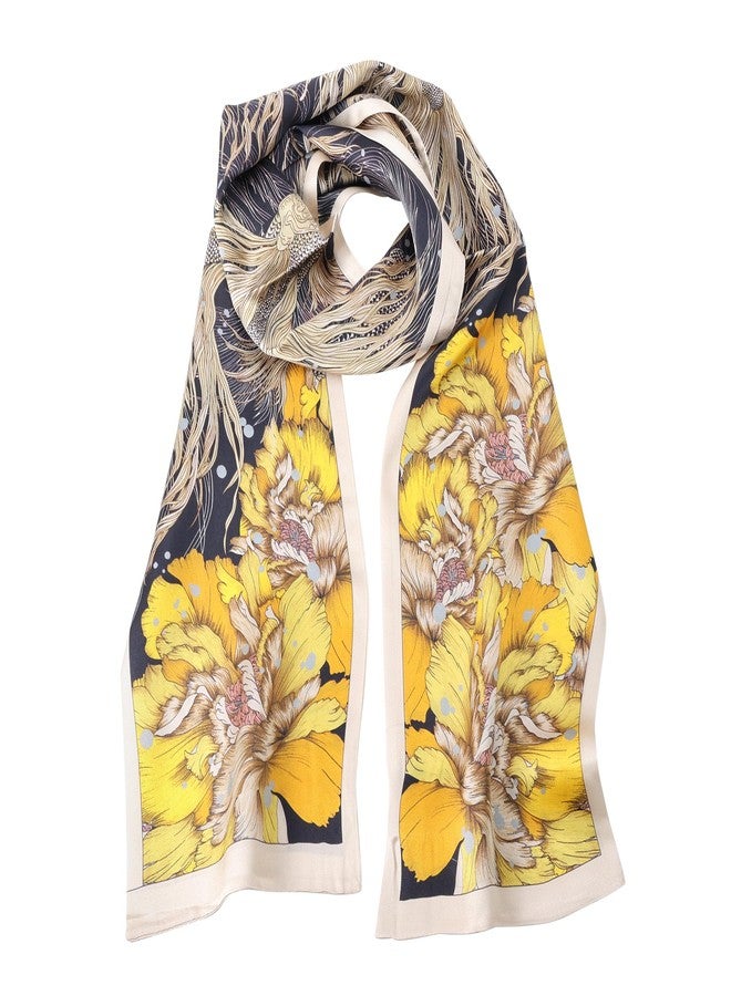 MEISEE 100% Mulberry Silk Scarf for Women 59”*6.3” Long Headscarf Neck Scarf Hair Wraps and Shawls with Gift Packed (Black+yellow flowers) - Image 1